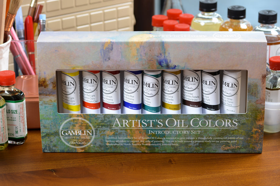Gamblin Artist's Oil Colors, Set of 9 with Wood Panel