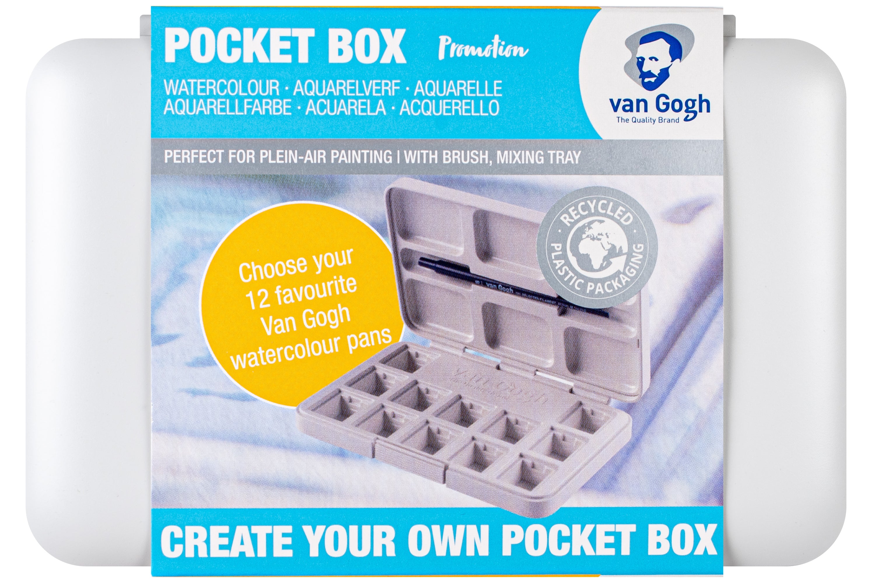 Van Gogh Empty Watercolor Box, 12 Slots + Travel Brush (White)