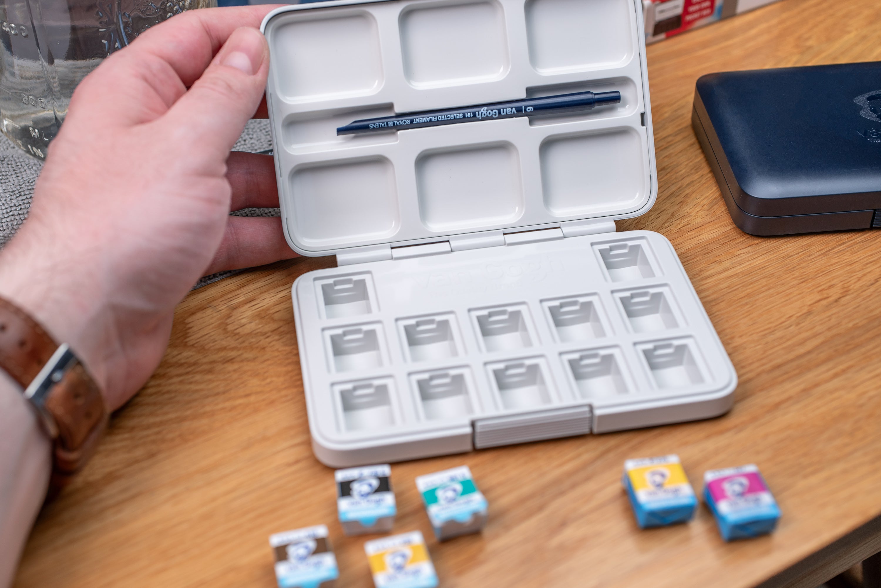 Van Gogh Empty Watercolor Box, 12 Slots + Travel Brush (White)