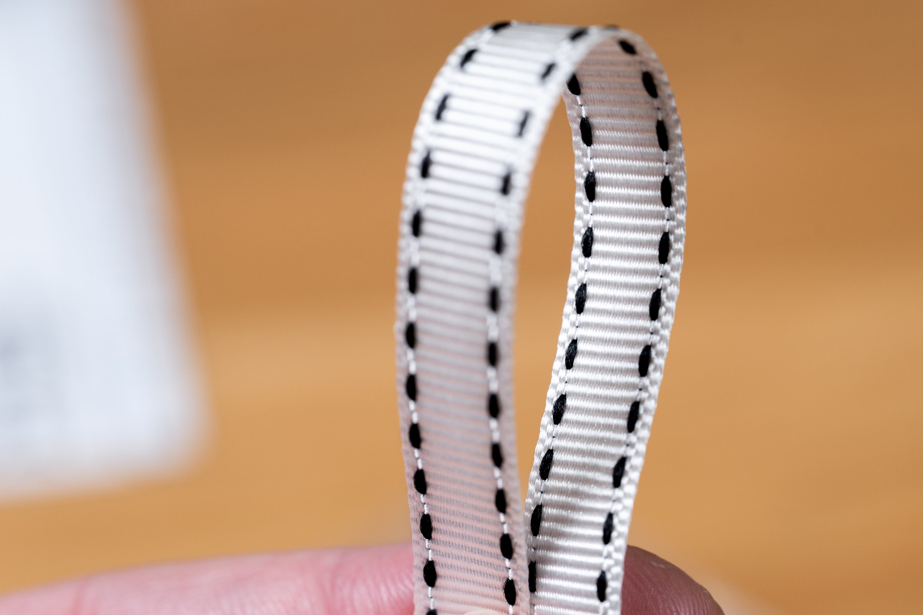 Thin Grosgrain Ribbon with Edge Stitches, White/Black