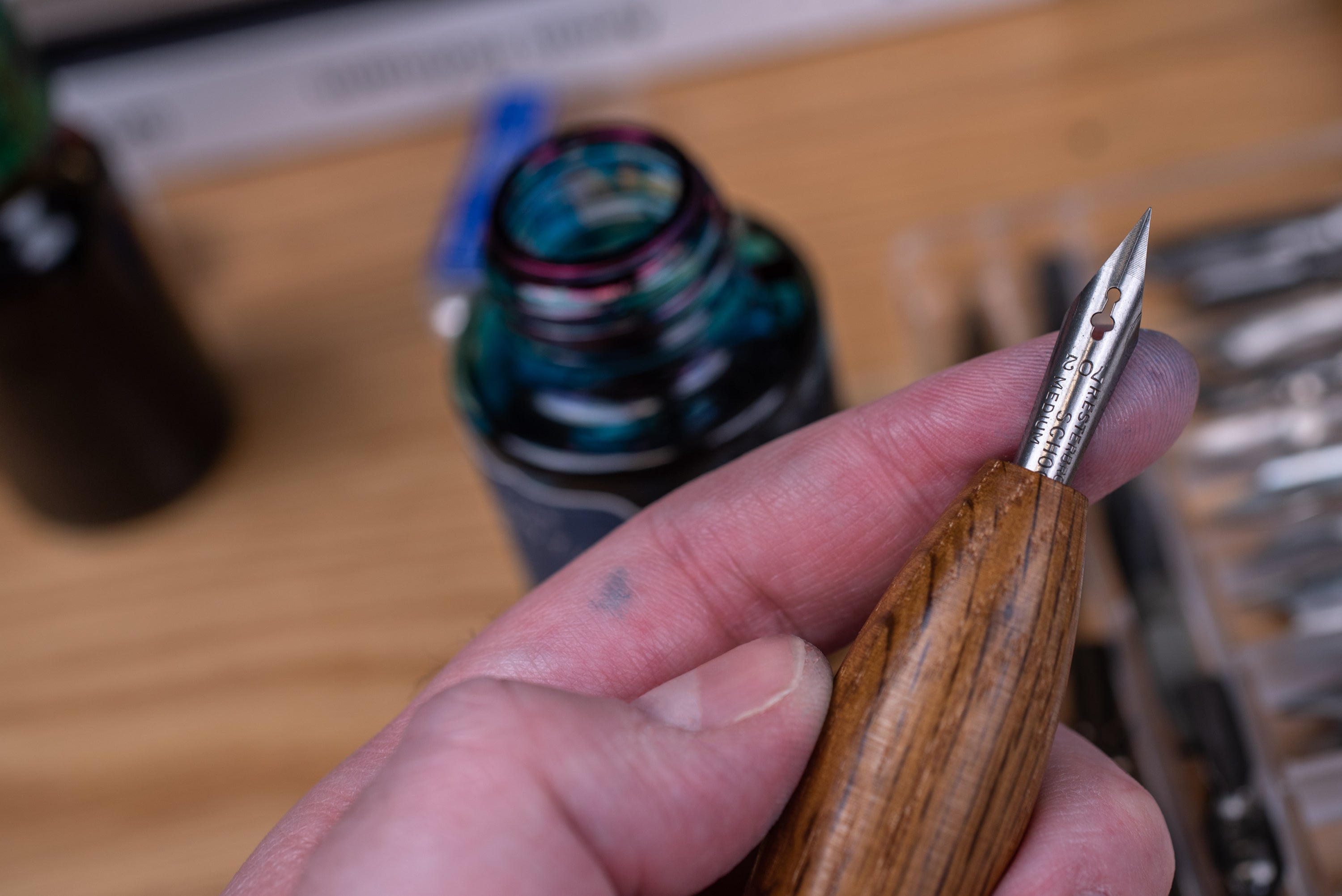 Bullet Pen Holder, Aged Oak, with Leonardt #30 Nib