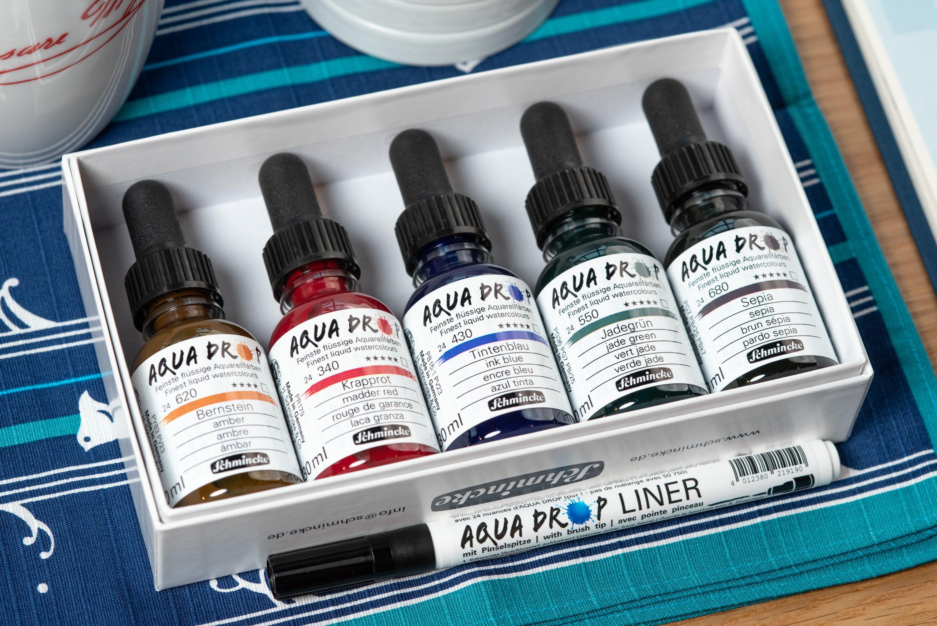Schmincke - Aqua Drop Liquid Watercolors, Set of 5 with Aqua Liner - St. Louis Art Supply