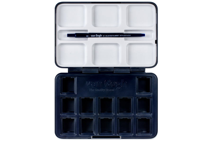 Van Gogh Empty Watercolor Box, 12 Slots + Travel Brush (Midnight Blue)