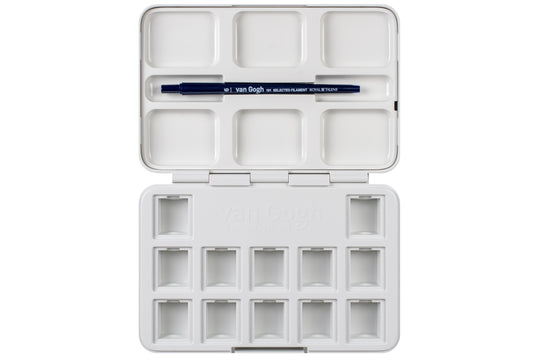 Van Gogh Empty Watercolor Box, 12 Slots + Travel Brush (White)