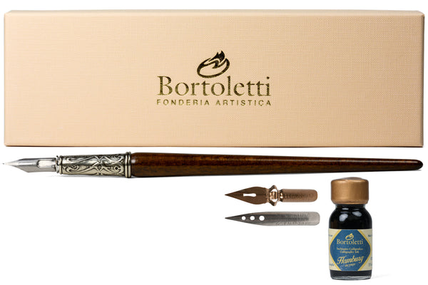 Bortoletti Wood Dip Pen with Bronze Nib Holder Set - Includes Ink, inkwell  and p