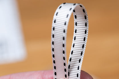 Thin Grosgrain Ribbon with Edge Stitches, White/Black