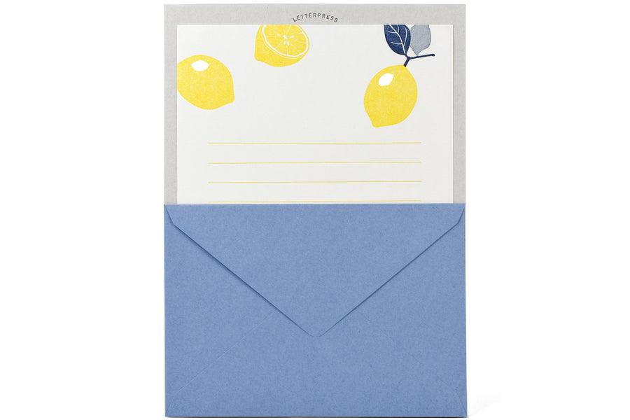 Letterpress stationery, blue/lemons