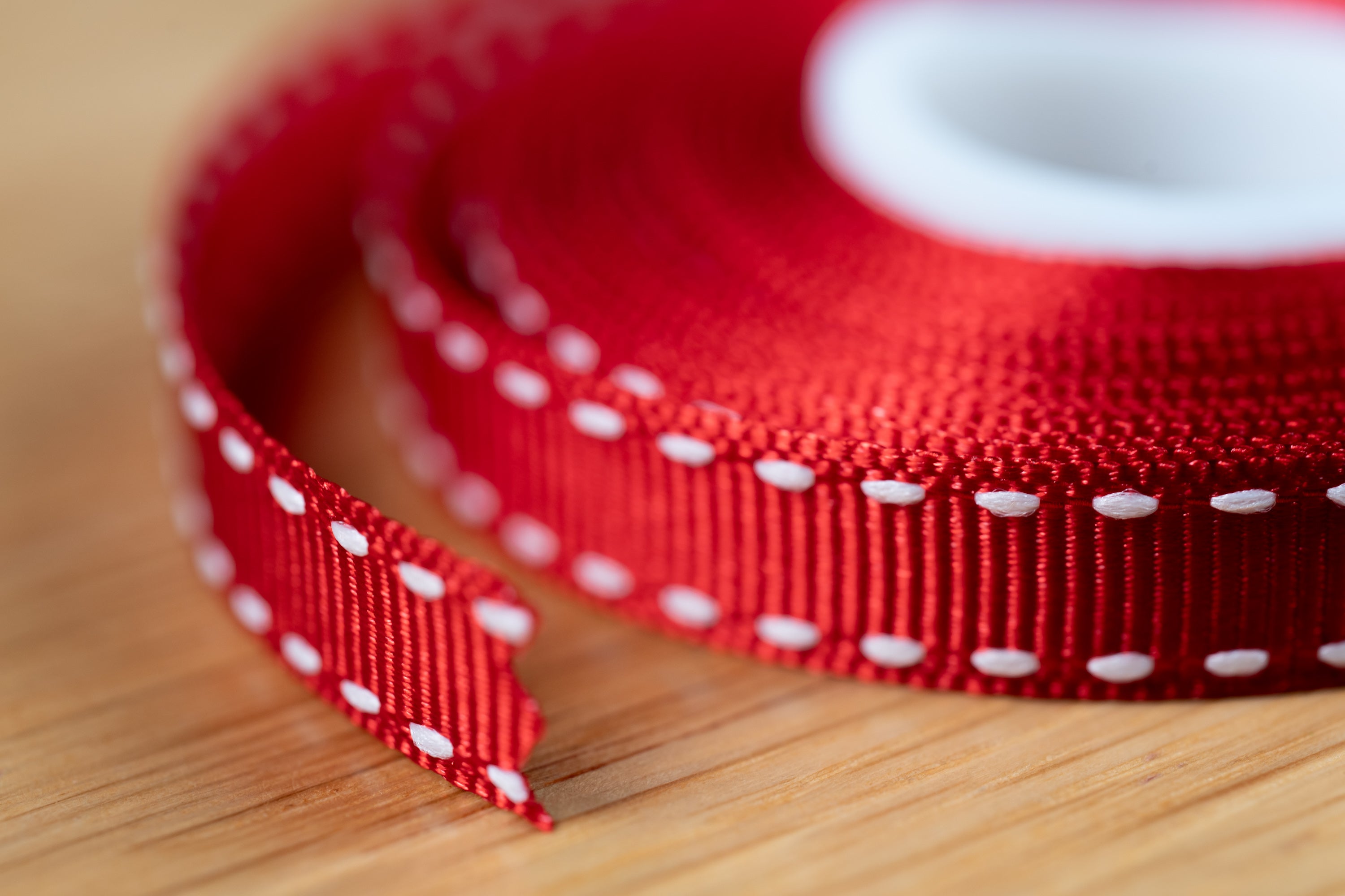 Thin Grosgrain Ribbon with Edge Stitches, Red/White