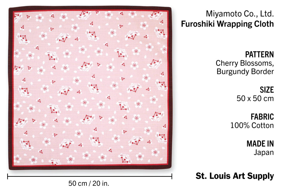 Miyamoto Co. - Furoshiki Wrapping Cloth, Small, Cherry Blossoms + Burgundy - St. Louis Art Supply