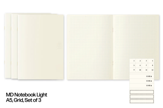 MD Notebook Light, A5 Grid, Set of 3