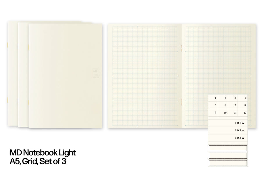 MD Notebook Light, A5 Grid, Set of 3