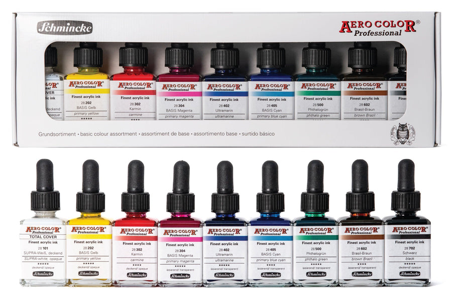 Schmincke Aerocolor Acrylic Inks, Set of 9 Mixing Colors – St