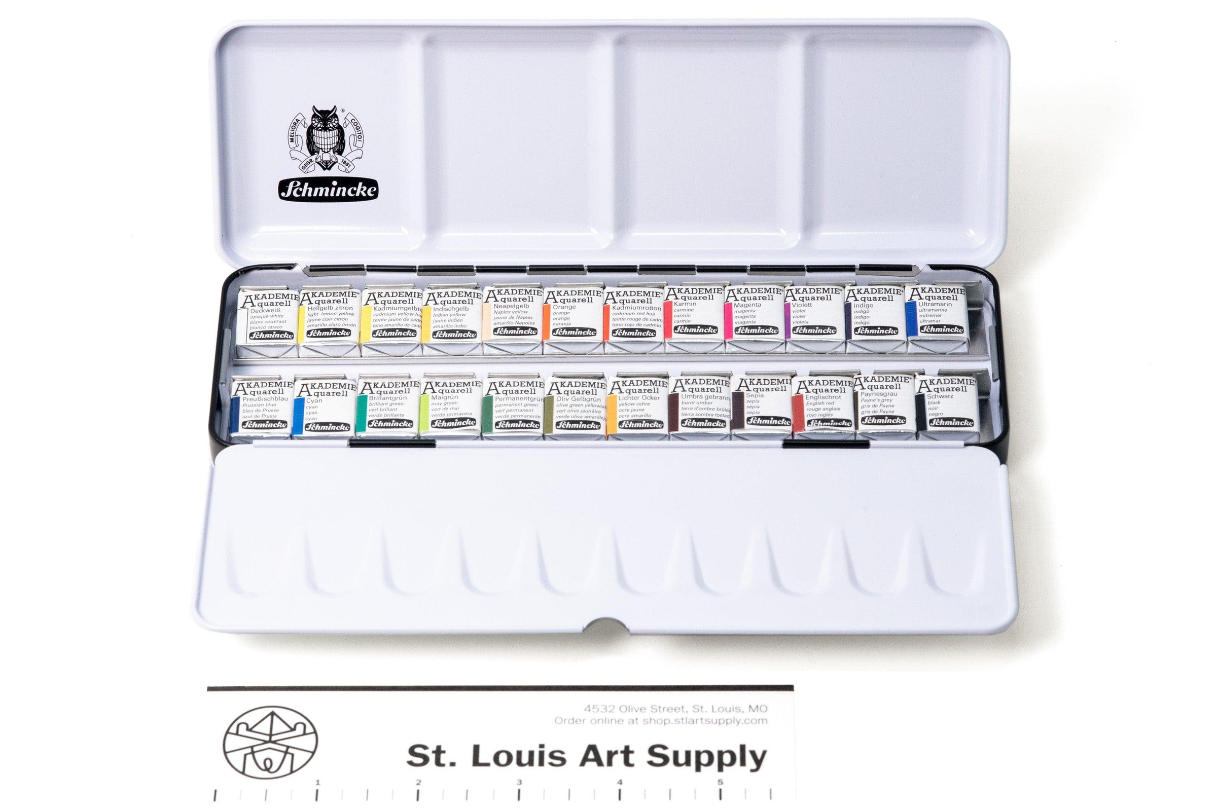 Schmincke - AKADEMIE®AQUARELL Watercolor Box, full assortment 24 x 1/2  pans, 75 424 097, metal box, highly lightfast colors, fine artists'  watercolors